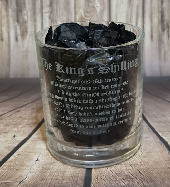 The Kings Shilling / The story / history - Engraved Whiskey Tumbler Glass 330ml - we can engrave any design -recruitment - army - victorian
