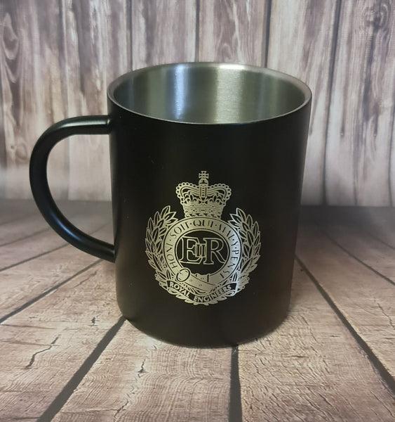 Royal Engineers - Engraved Stainless Steel Black Powder Coated Thermal Mug / Cup 400ml | RE | Sapper