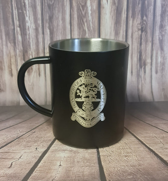 Princess of Wales's Royal Regiment - Engraved Stainless Steel Black Powder Coated Thermal Mug / Cup 400ml | Tiger | PWRR