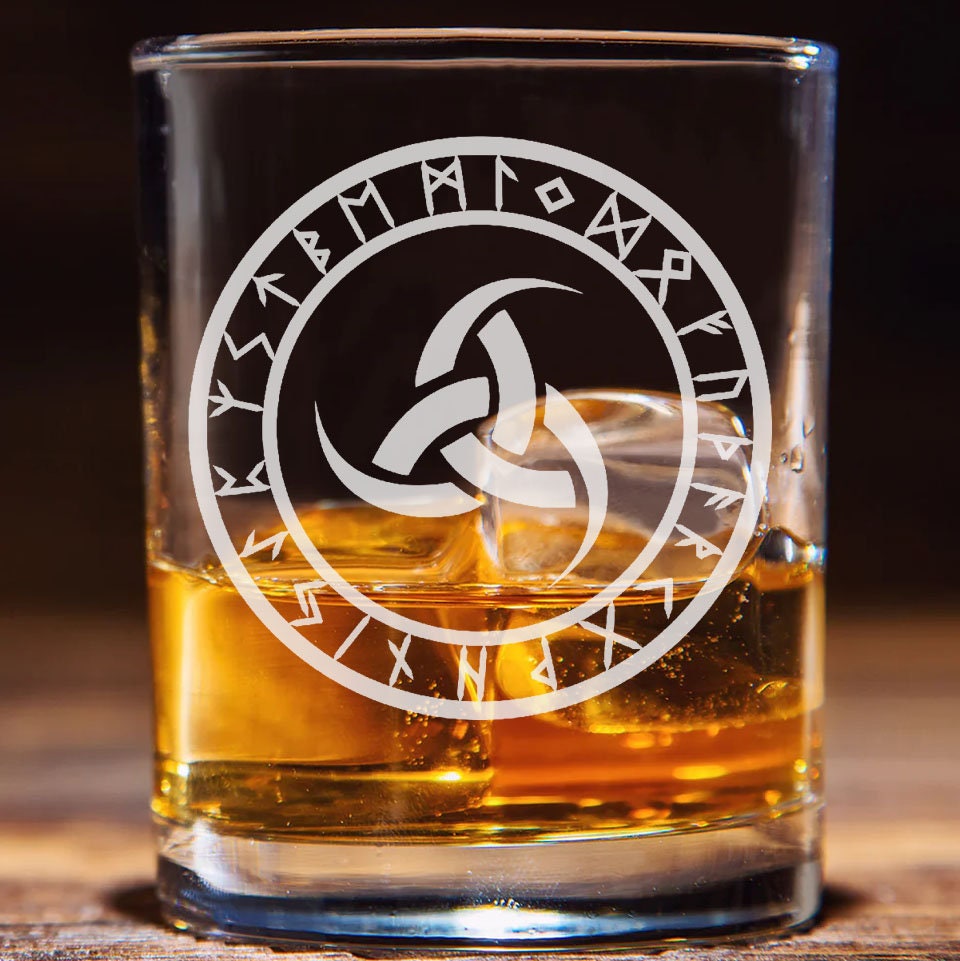 Viking Norse Triple Horn of odin symbol - Engraved Tumbler Whiskey Glass old fashioned style Tumbler Glass 330ml - low ball tumbler