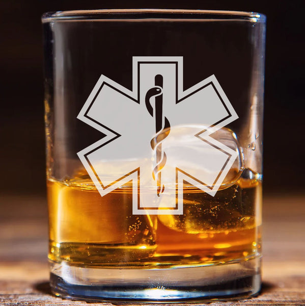 Paramedic / emt symbol / logo - Engraved Whiskey old fashioned Tumbler Glass 330ml - we can engrave any design - low ball mixer