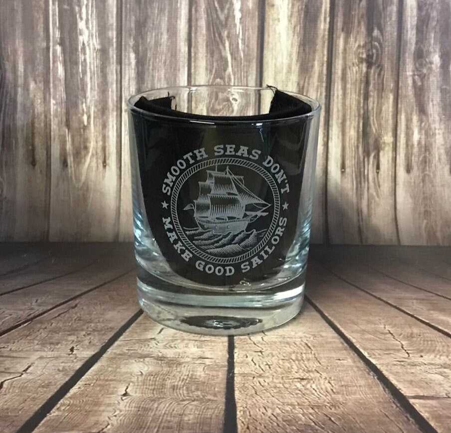 Smooth Seas Navy Glass - Engraved Whiskey Tumbler Glass 330ml - we can engrave any design