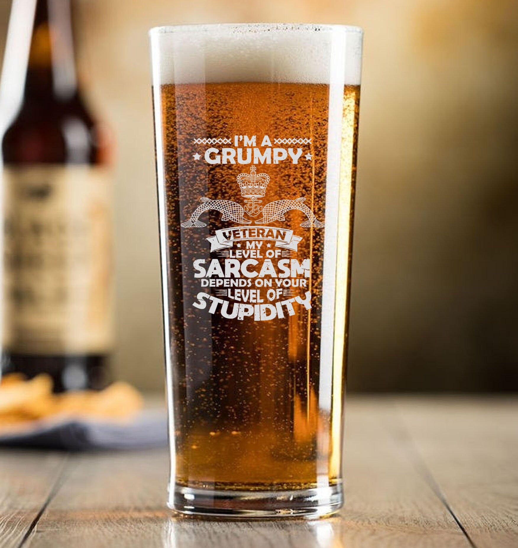 Grumpy veteran- submariner / sailor / navy - Engraved Contemporary Slim Conical Pint Glass 570ml -