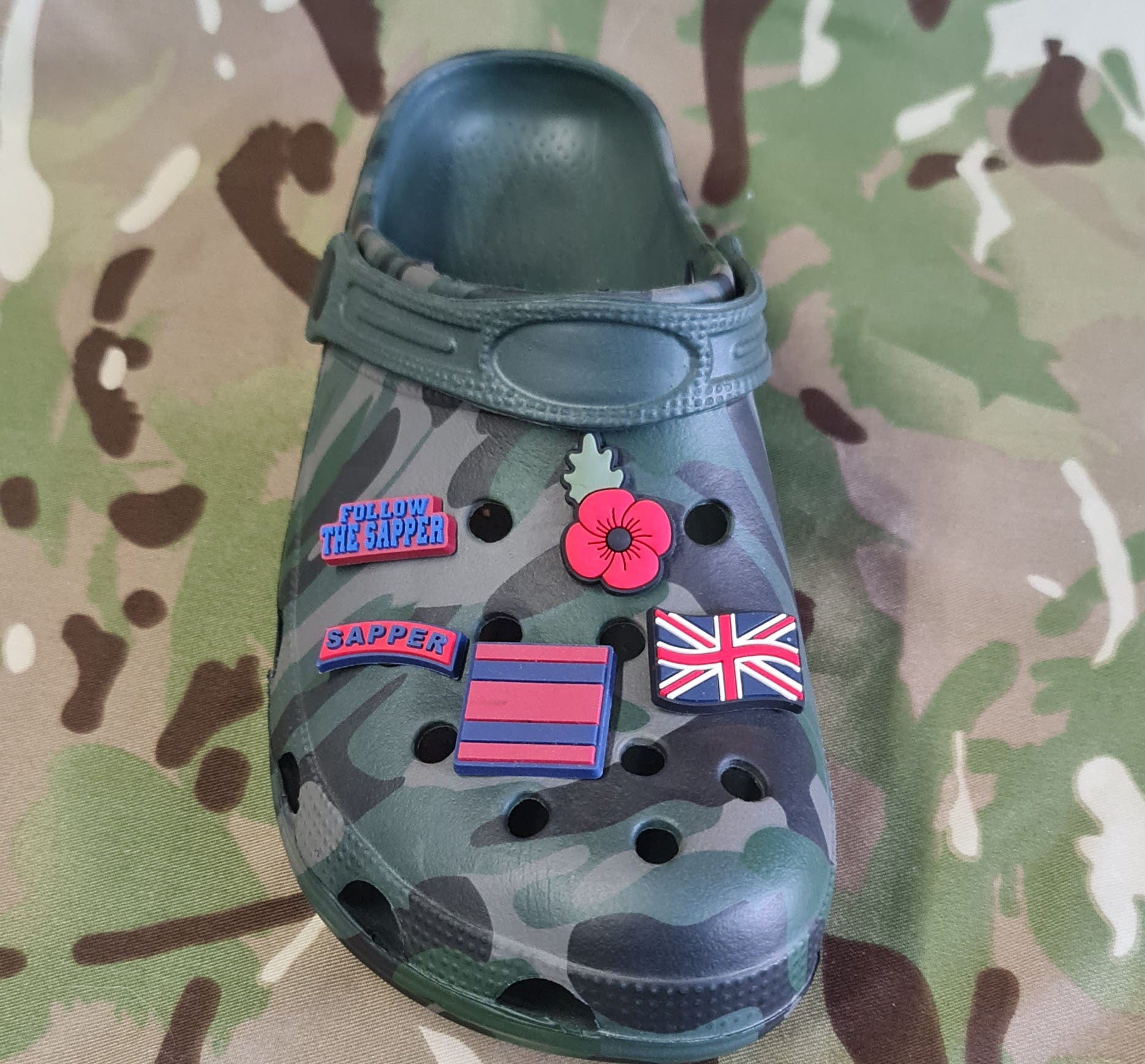 Croc / clog / water shoe - novelty charm / gem / jibbitz logo customise your Sapper / RE / Poppy - footwear here