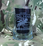 Never Underestimate an old man who is also Airborne- beer pint glass tankard 660ml logo engraved sandblast - we can engrave any design