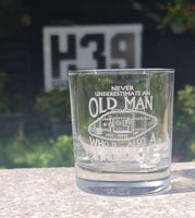 Never Underestimate an old man who is also a Tankie - Engraved Whiskey Tumbler Glass 330ml - army / RTR / Royal Tank Regiment