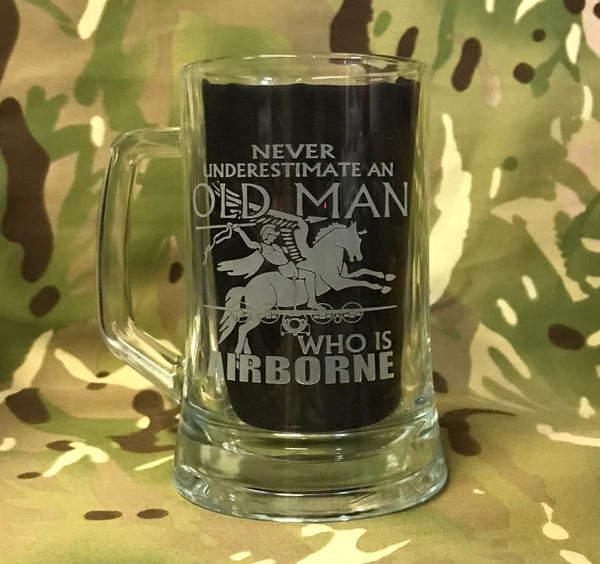 Never Underestimate an old man who is also Airborne- beer pint glass tankard 660ml logo engraved sandblast - we can engrave any design