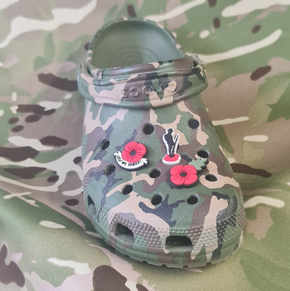 Croc / clog / water shoe - novelty charm / gem / jibbitz logo customise your poppy, remembrance, lest we forget