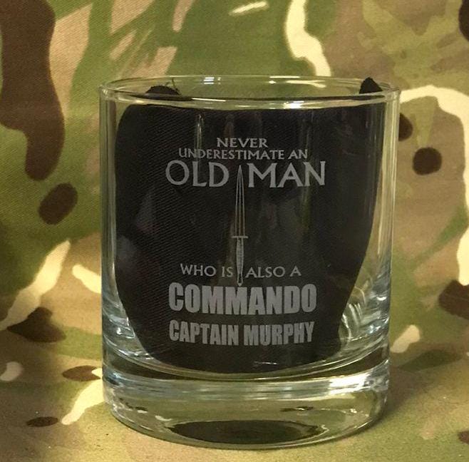 Never Underestimate an old man who is also a Commando - Engraved Whiskey Tumbler Glass 330ml - army / navy / royal marines