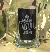 The Man the Myth the Legend - beer pint glass tankard 660ml logo engraved sandblast - we can engrave any design