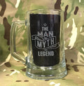 The Man the Myth the Legend - beer pint glass tankard 660ml logo engraved sandblast - we can engrave any design