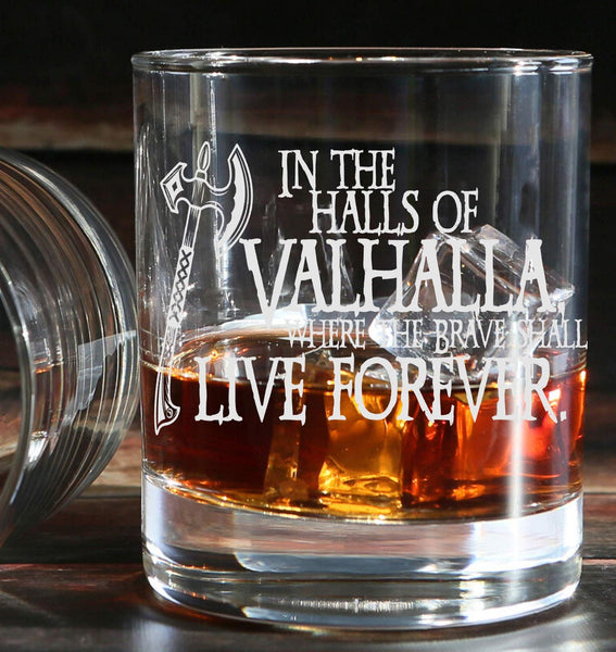 In the halls of valhalla - viking warrior - symbol viking compass - Engraved Tumbler Whiskey Glass old fashioned style Tumbler Glass 330ml