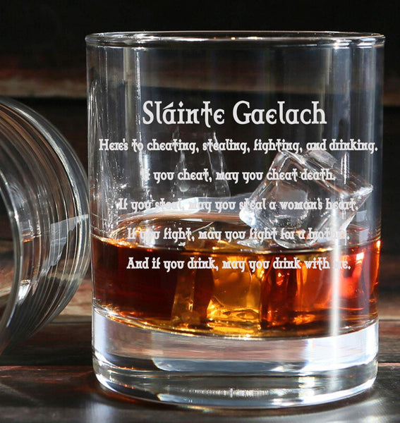 Slainte Gaelach / gaelic / toast - Engraved Tumbler Whiskey Glass old fashioned style Glass 330ml lie/ cheat / steal