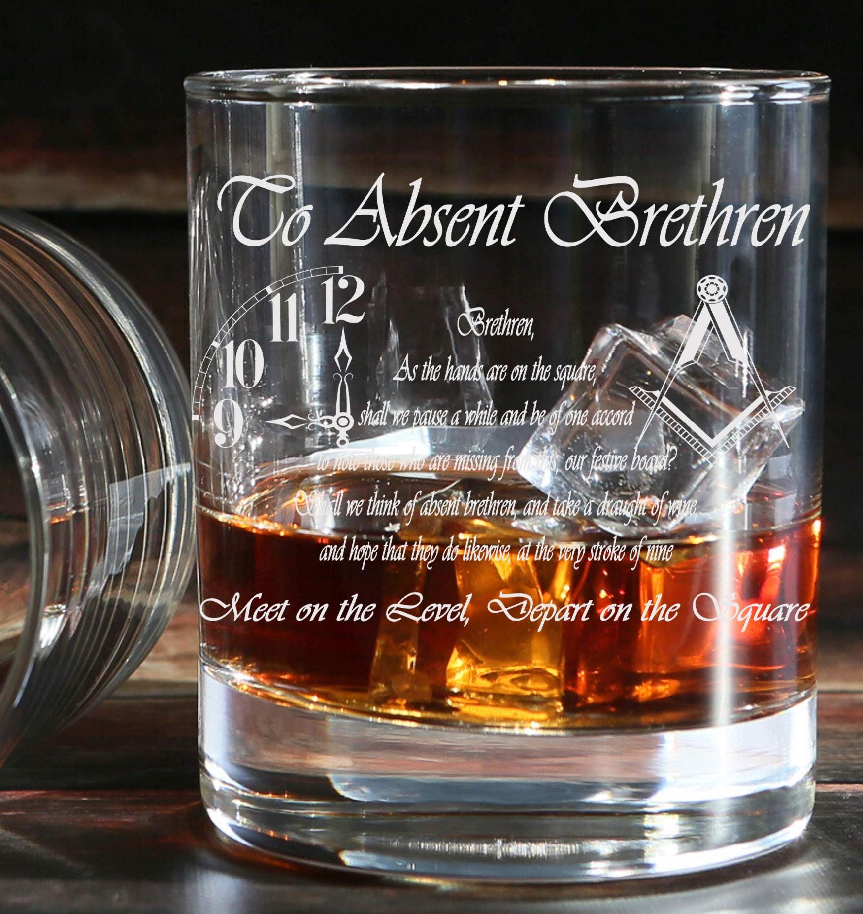 To Absent Brethren Toast/ Engraved Freemason (Mason / Masonic) Tumbler Whiskey Tumbler Glass 330ml - low ball glass