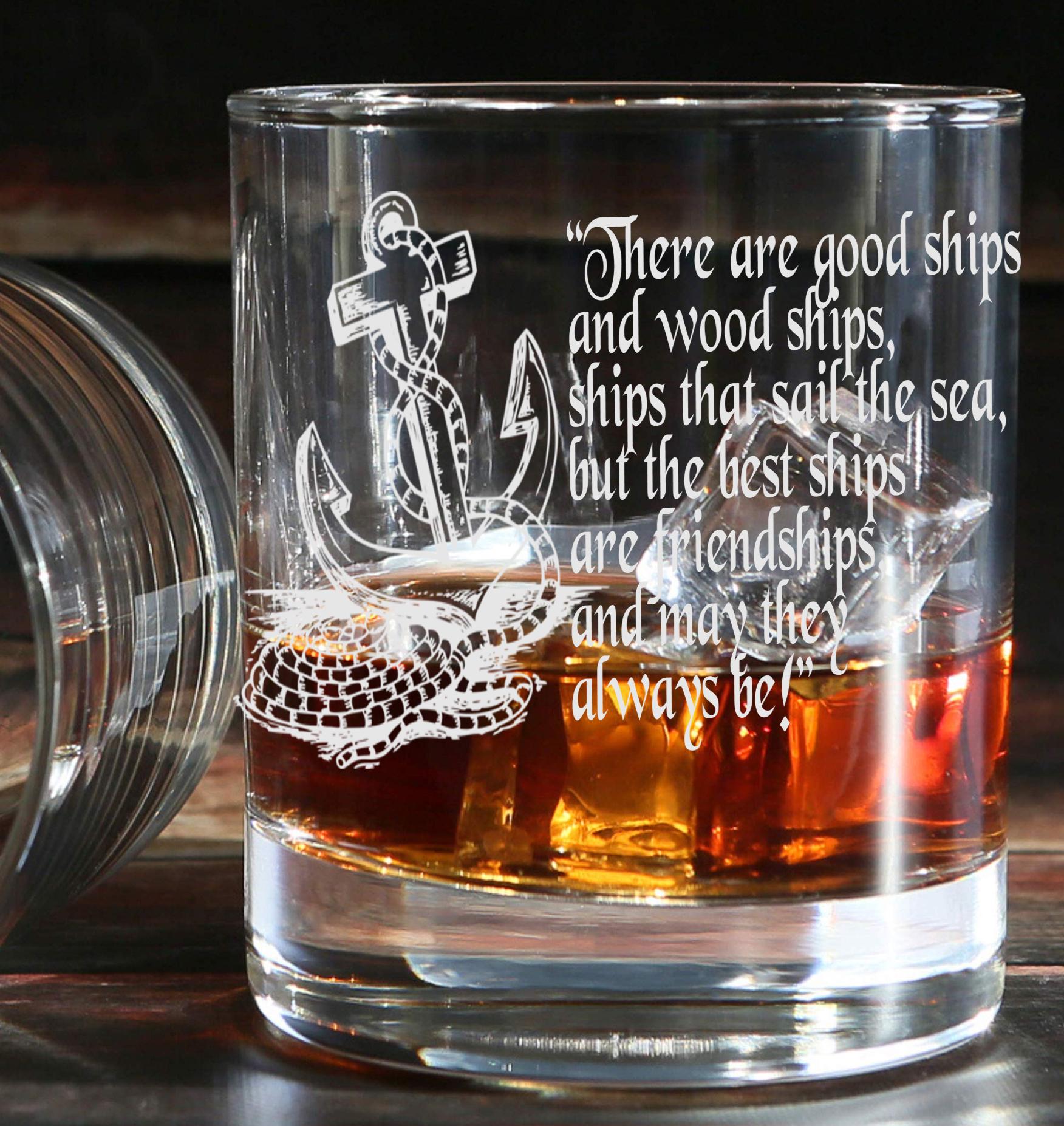 Good ships & friendships sailor navy nautical Engraved Tumbler Whiskey Tumbler Glass 330ml - low ball glass