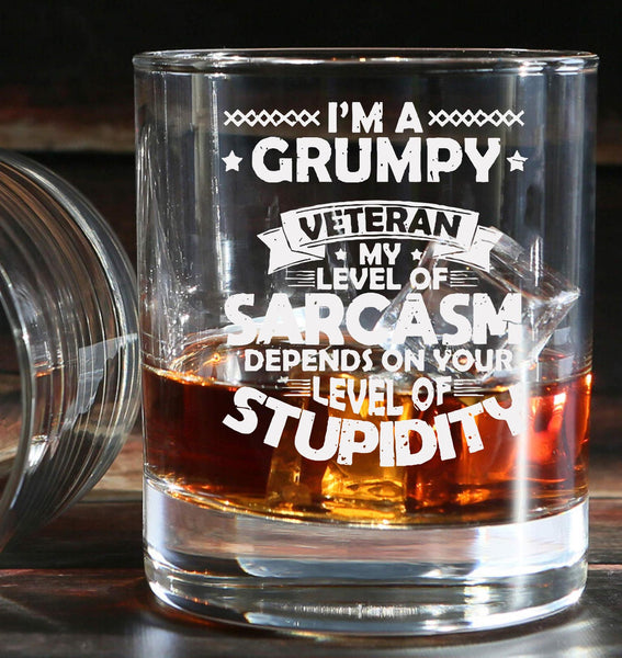 Grumpy Veteran / Sarcasm - Engraved Tumbler Whiskey Glass old fashioned style Tumbler Glass 330ml