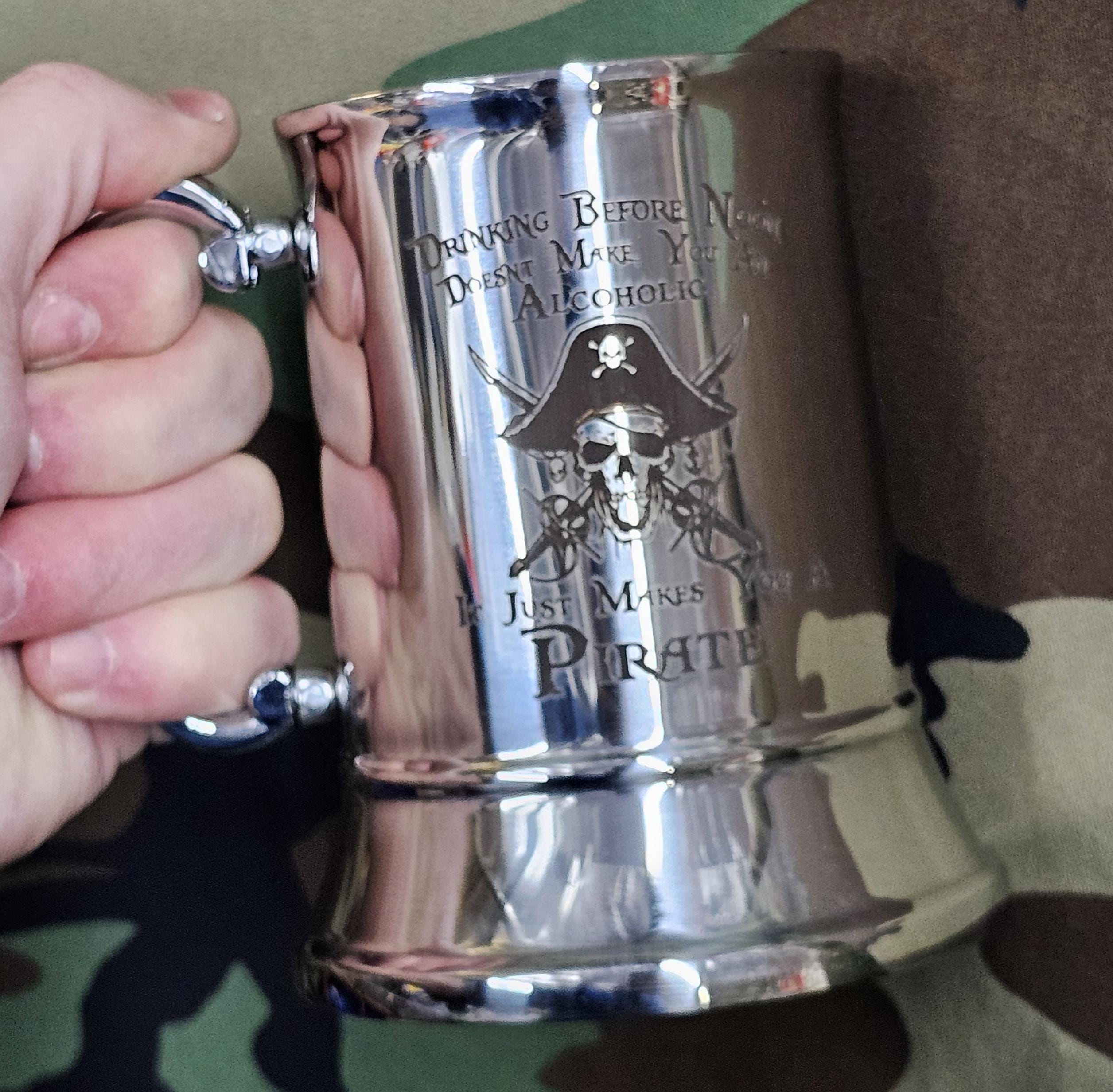 Drinking before noon alcoholic pirate / Engraved Stainless Steel Tankard | Army | Military | Personalised Gift For Him