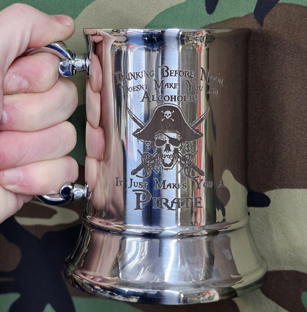 Drinking before noon alcoholic pirate / Engraved Stainless Steel Tankard | Army | Military | Personalised Gift For Him