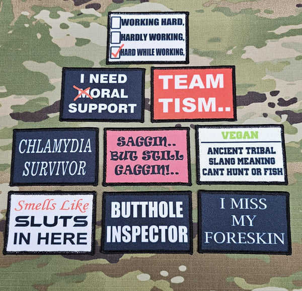 inappropriate badges 50mm x 80mm Morale Patch -printed Design - On Velcro Hook Funny - joke - humour