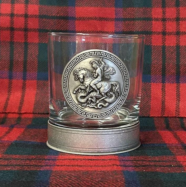St George slaying the Dragon / England / English / UK - Metal 2D Logo / Motif Tumbler Whiskey Tumbler Glass 330ml old fashioned style