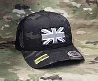 Black / Grey Subdued union jack / flag patch stitched cap Hat Flexfit yupoong multicam Camouflage classic trucker style snapback