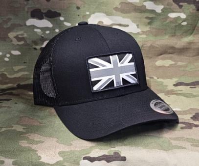 Black / Grey Subdued union jack / flag patch stitched cap Hat Flexfit yupoong multicam Camouflage classic trucker style snapback