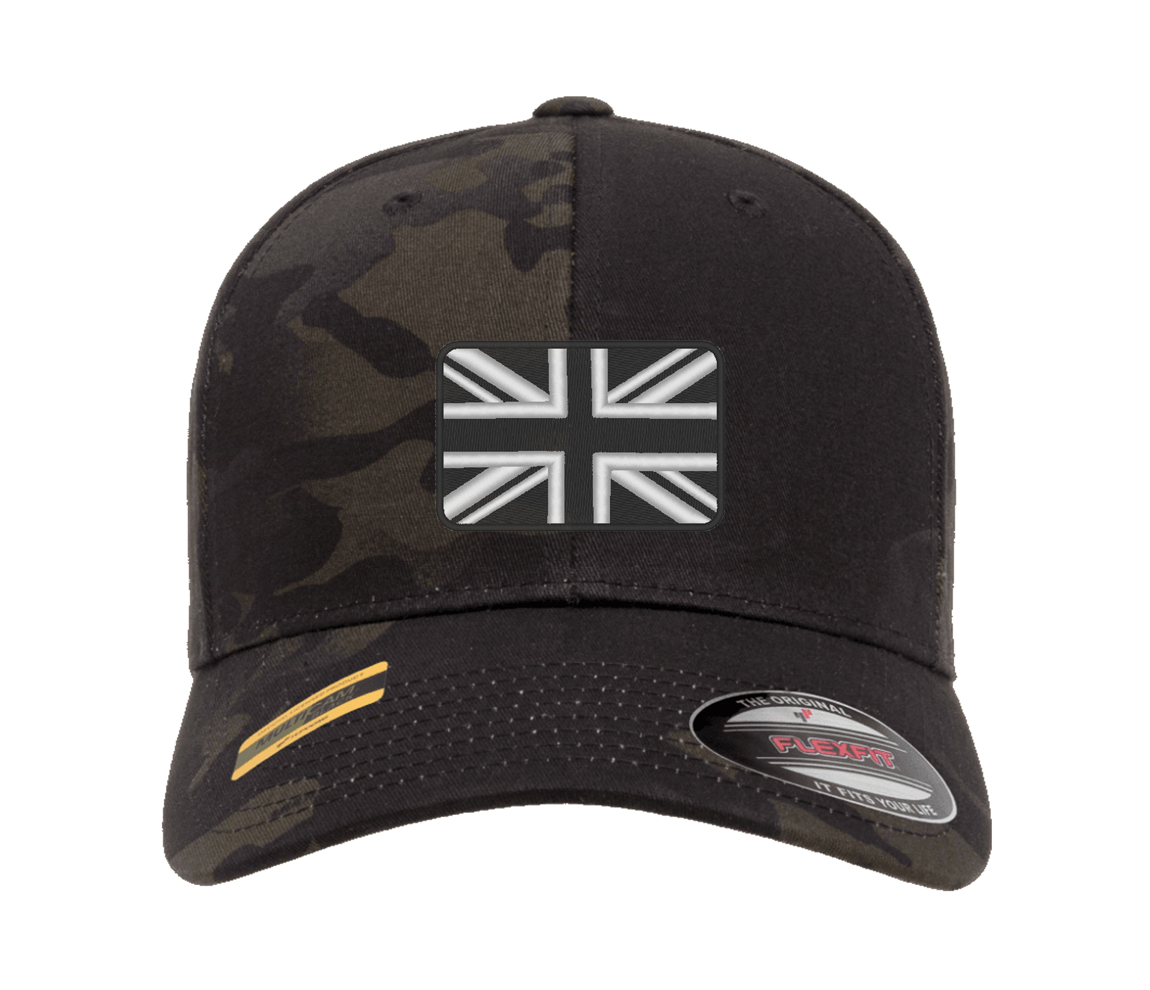 Bestickte Flexfit Yupong-Kappe mit Union-Flagge in Schwarz und Weiß