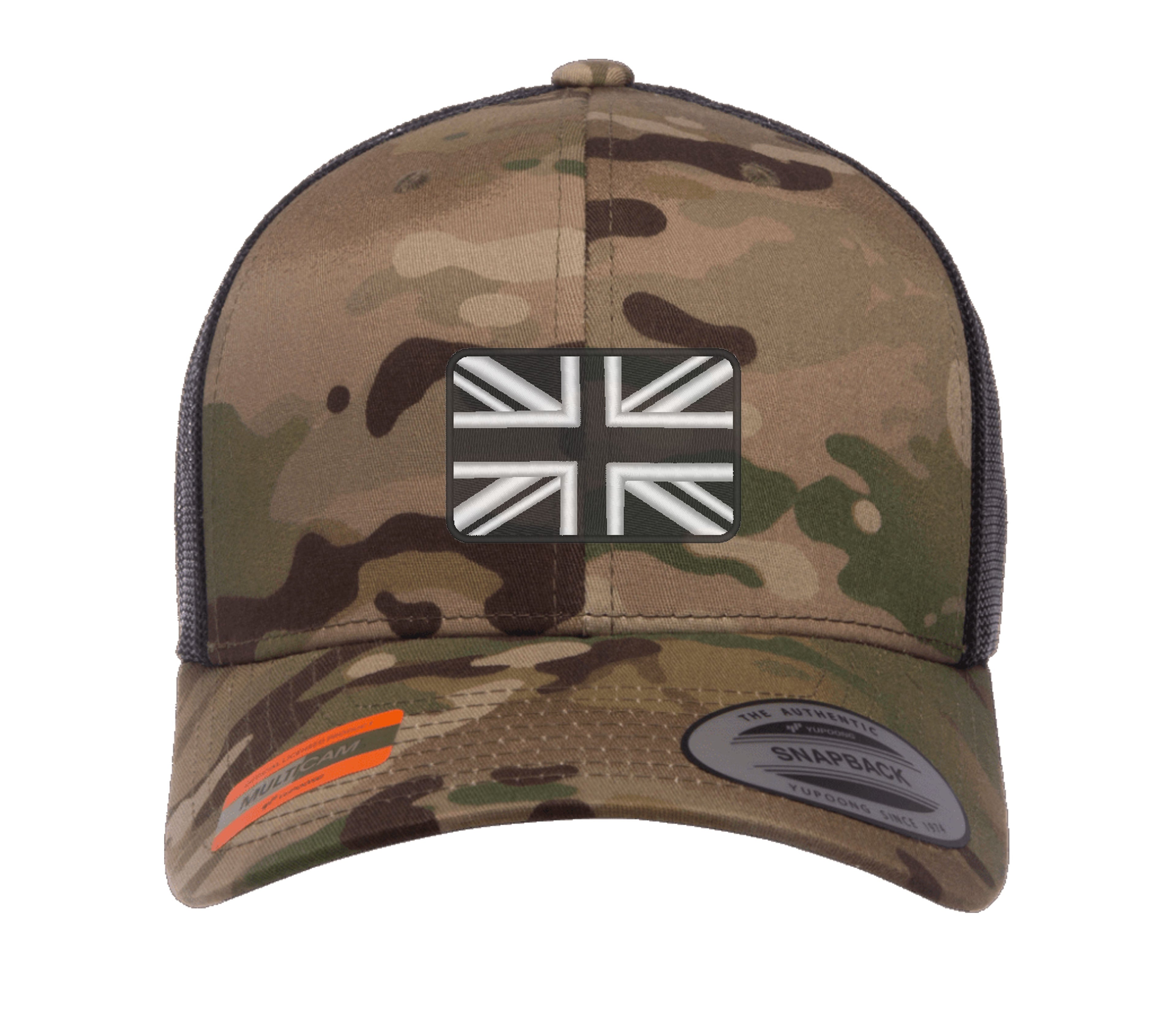 Bestickte Flexfit Yupong-Kappe mit Union-Flagge in Schwarz und Weiß