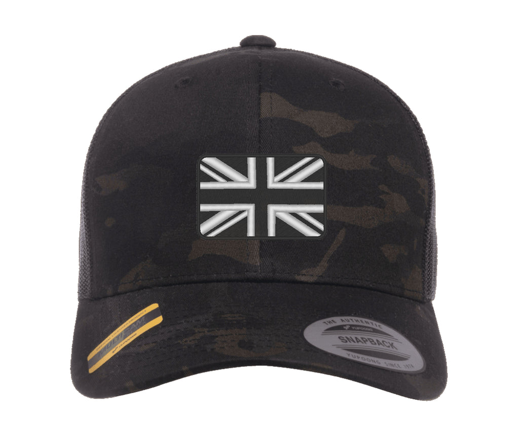 Bestickte Flexfit Yupong-Kappe mit Union-Flagge in Schwarz und Weiß