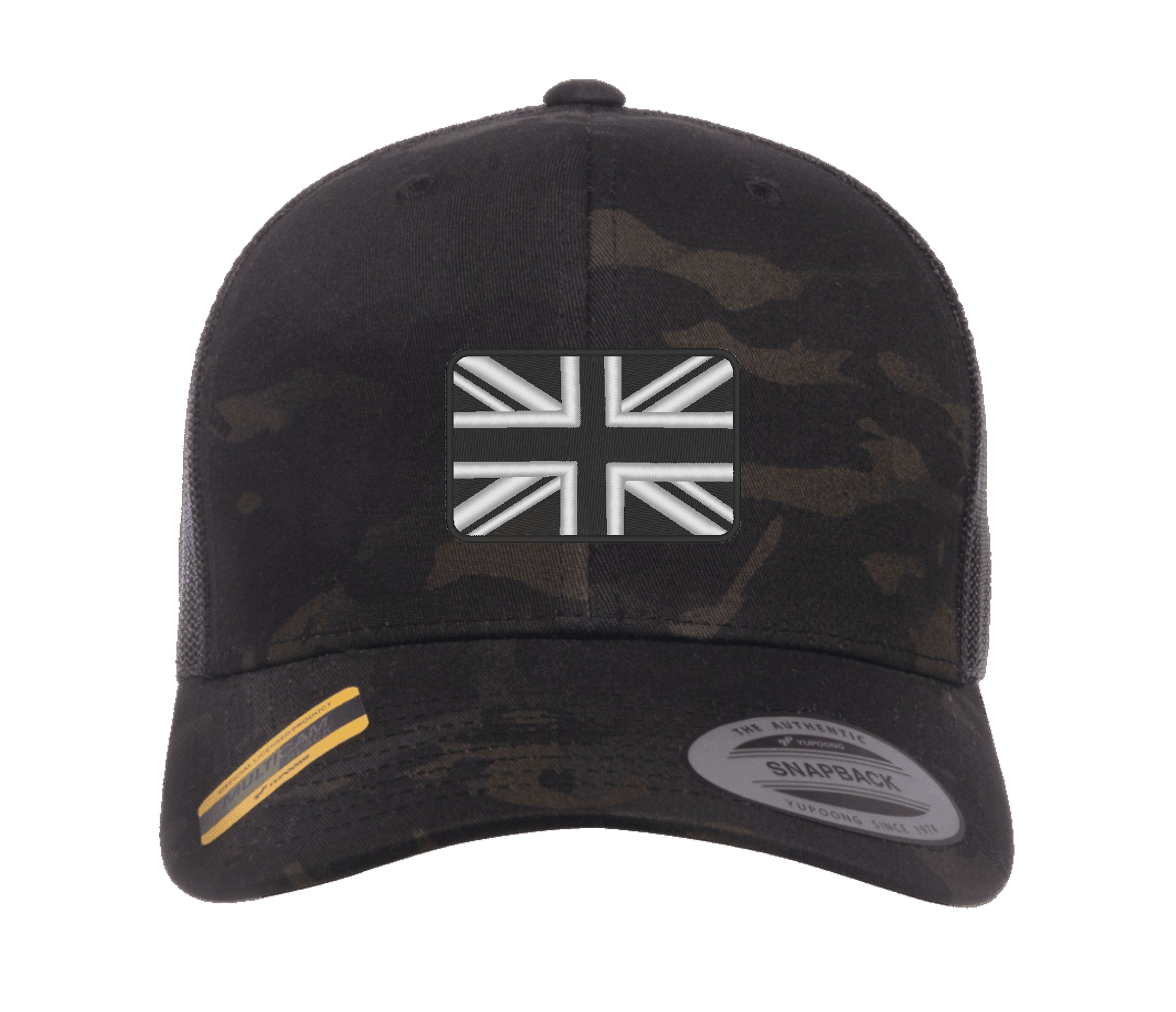 Bestickte Flexfit Yupong-Kappe mit Union-Flagge in Schwarz und Weiß