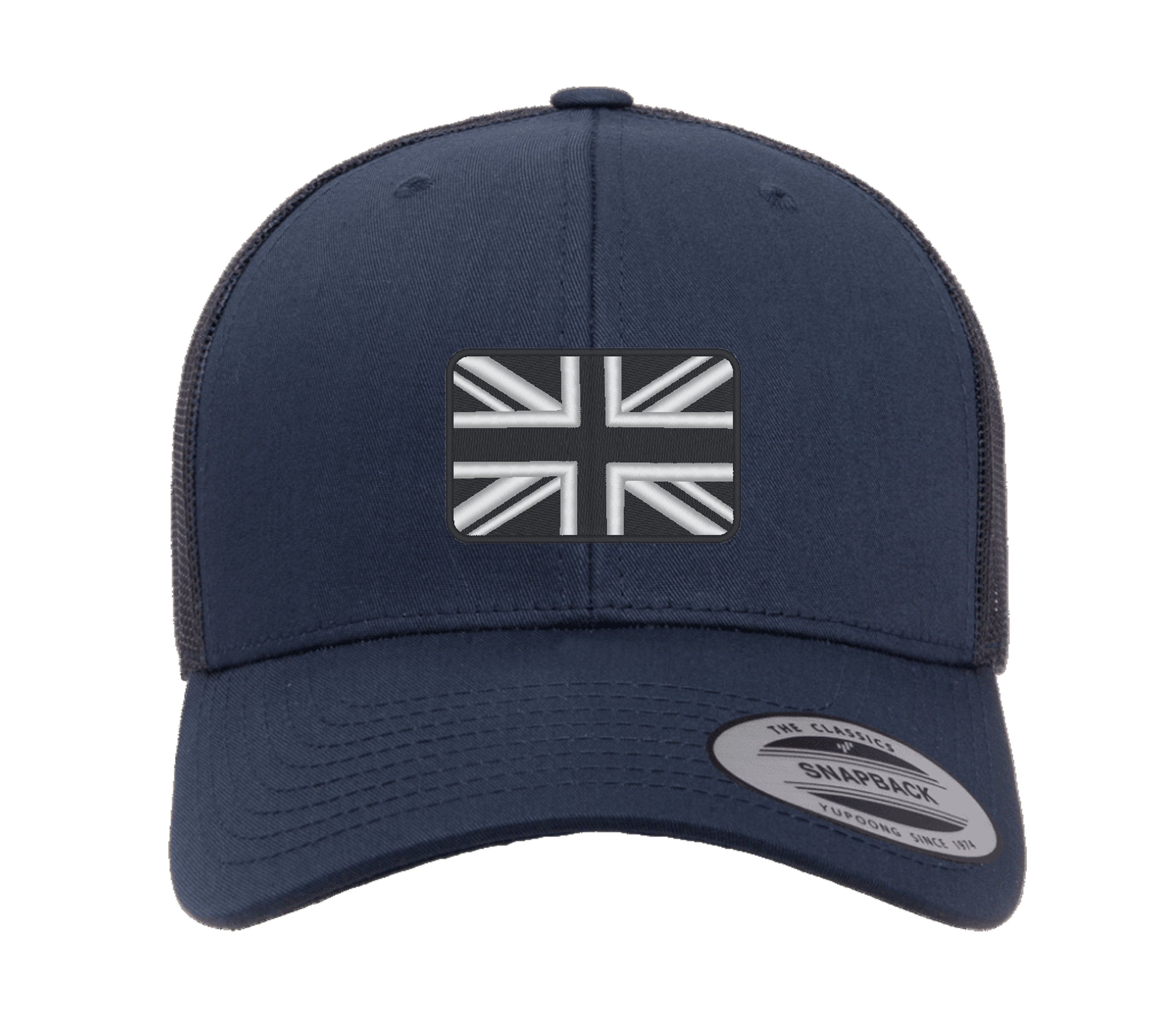 Bestickte Flexfit Yupong-Kappe mit Union-Flagge in Schwarz und Weiß