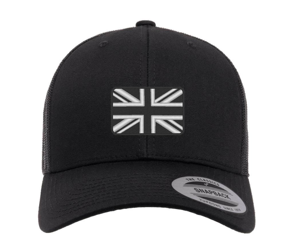 Bestickte Flexfit Yupong-Kappe mit Union-Flagge in Schwarz und Weiß