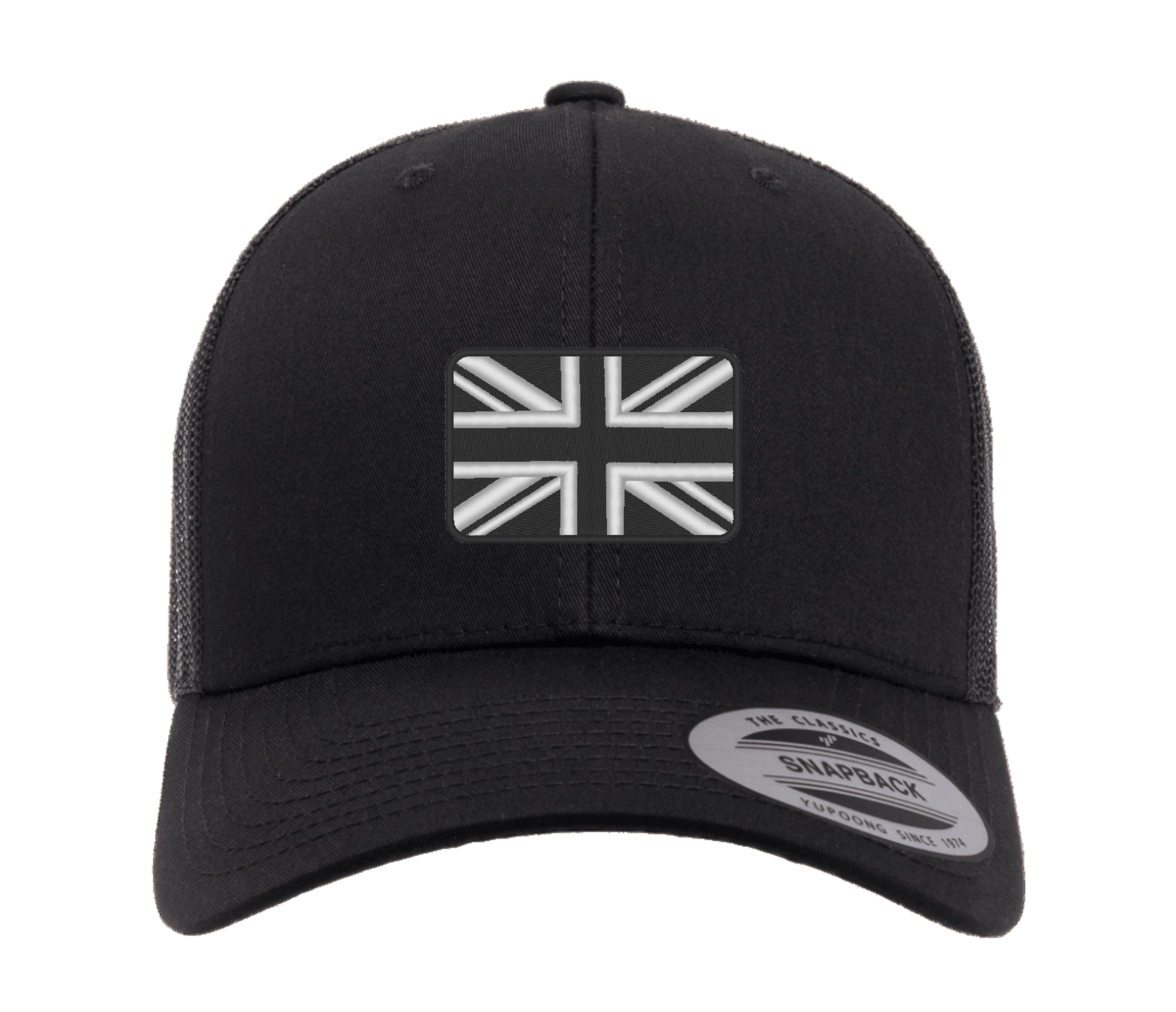 Bestickte Flexfit Yupong-Kappe mit Union-Flagge in Schwarz und Weiß