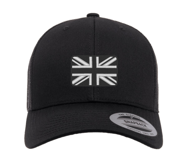 Bestickte Flexfit Yupong-Kappe mit Union-Flagge in Schwarz und Weiß