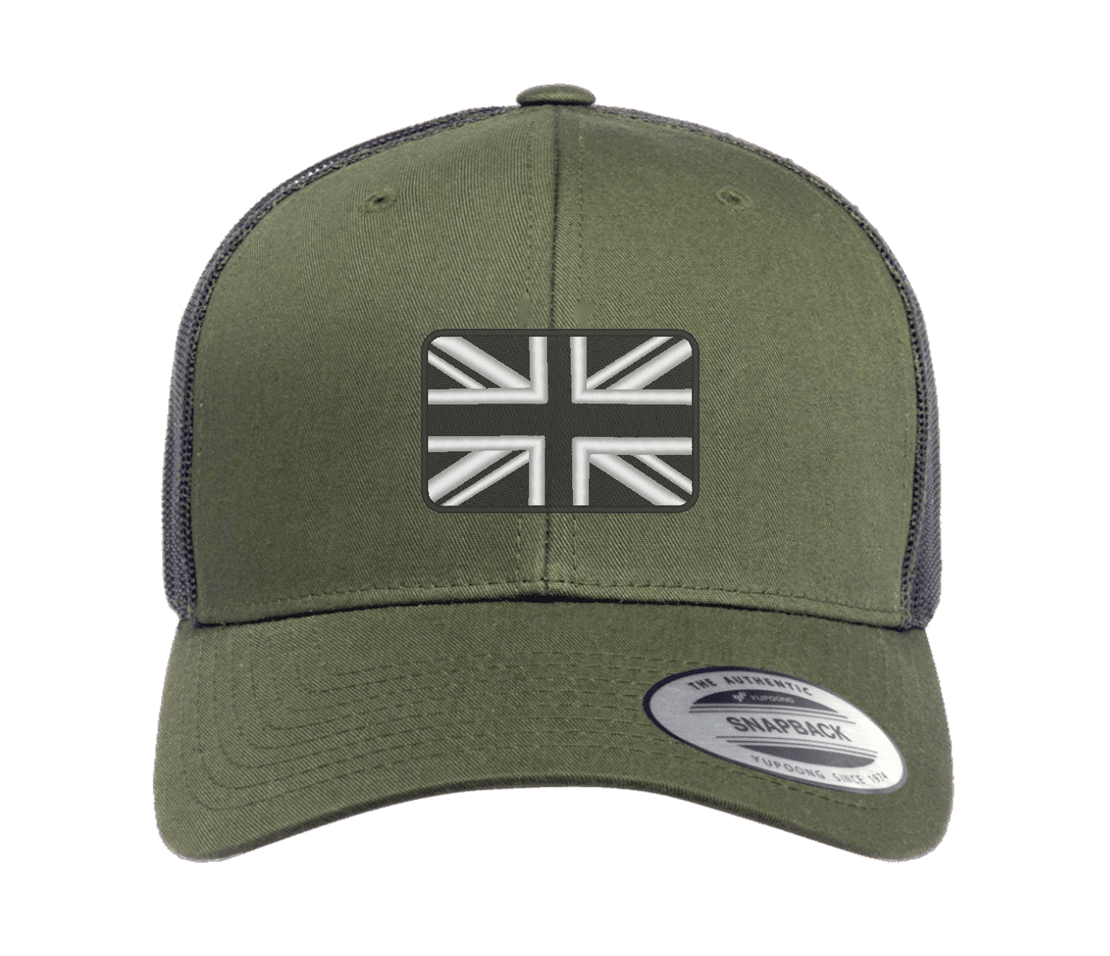 Bestickte Flexfit Yupong-Kappe mit Union-Flagge in Schwarz und Weiß