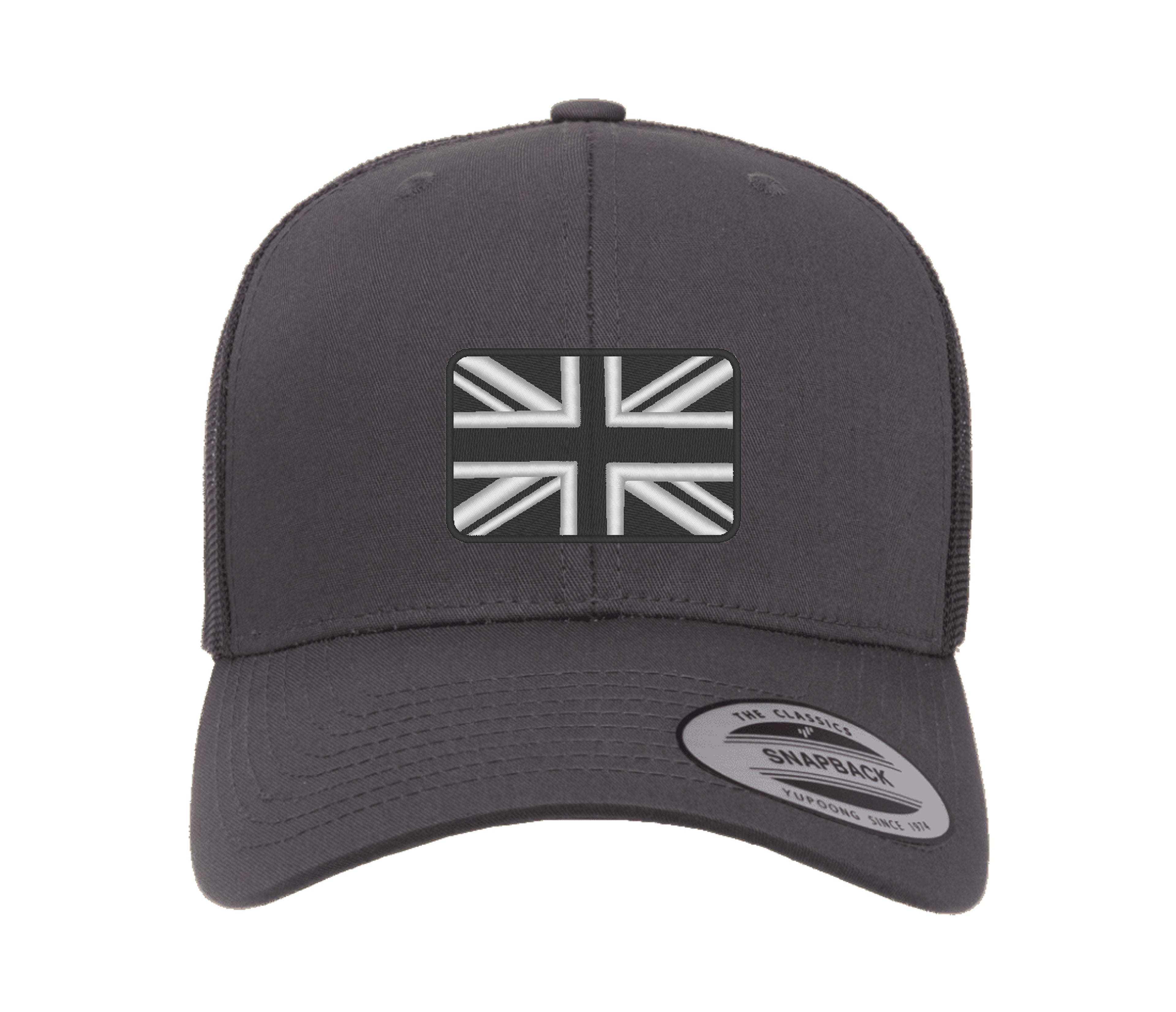 Bestickte Flexfit Yupong-Kappe mit Union-Flagge in Schwarz und Weiß