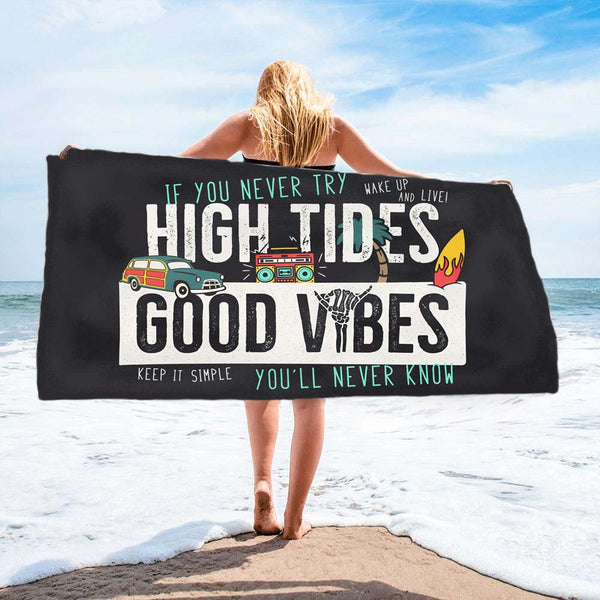 High Tide Good Vibes Campervan Surf Bus - Fully Printed Towel - Choose your size