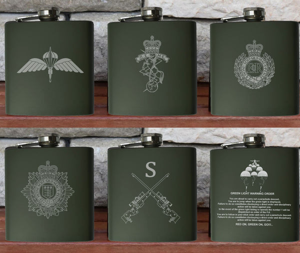 Personalised Gift Engraved / Personalised Hipflask 6oz Matte Olive Green logo & Text