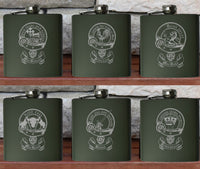Personalised Gift Engraved / Personalised Hipflask 6oz Matte Black logo & Text - scottish scotland highland family crest clan shield totum