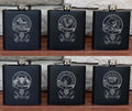 Personalised Gift Engraved / Personalised Hipflask 6oz Matte Black logo & Text - scottish scotland highland family crest clan shield totum