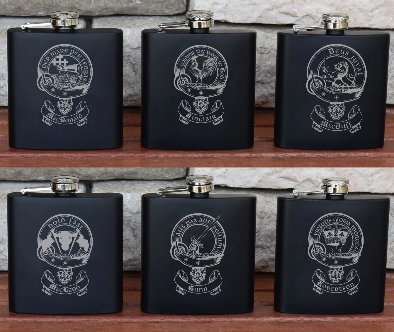 Personalised Gift Engraved / Personalised Hipflask 6oz Matte Black logo & Text - scottish scotland highland family crest clan shield totum