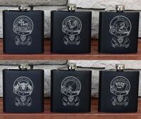 Personalised Gift Engraved / Personalised Hipflask 6oz Matte Black logo & Text - scottish scotland highland family crest clan shield totum