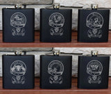 Personalised Gift Engraved / Personalised Hipflask 6oz Matte Black logo & Text - scottish scotland highland family crest clan shield totum