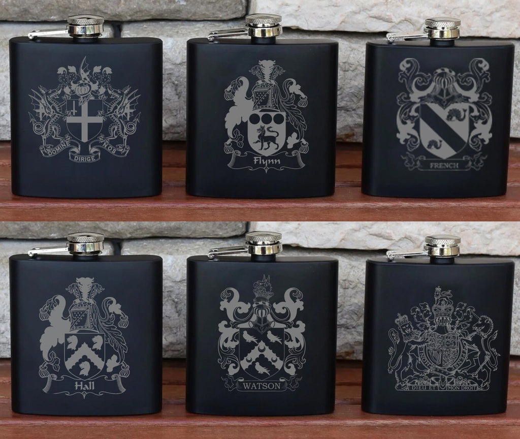 Personalised Gift Engraved / Personalised Hipflask 6oz Matte Black logo & Text - scottish scotland highland family crest clan shield totum