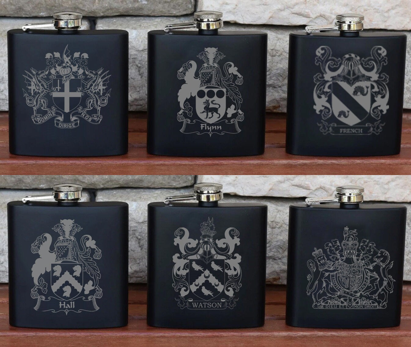 Personalised Gift Engraved / Personalised Hipflask 6oz Matte Black logo & Text - scottish scotland highland family crest clan shield totum