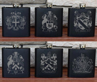 Personalised Gift Engraved / Personalised Hipflask 6oz Matte Black logo & Text - scottish scotland highland family crest clan shield totum