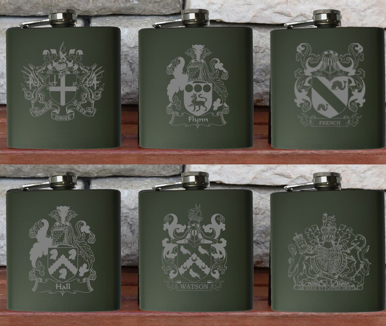Personalised Gift Engraved / Personalised Hipflask 6oz Matte Black logo & Text - scottish scotland highland family crest clan shield totum