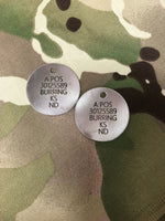 Engraved Current British Army Identification ID Dog Tags (same on both tags or different on both tags)