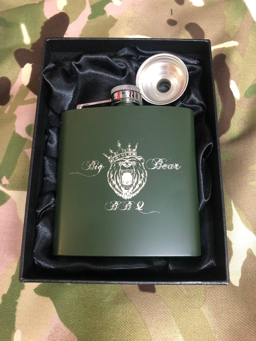 Personalised Gift Engraved / Personalised Hipflask 6oz Matte Olive Green logo & Text