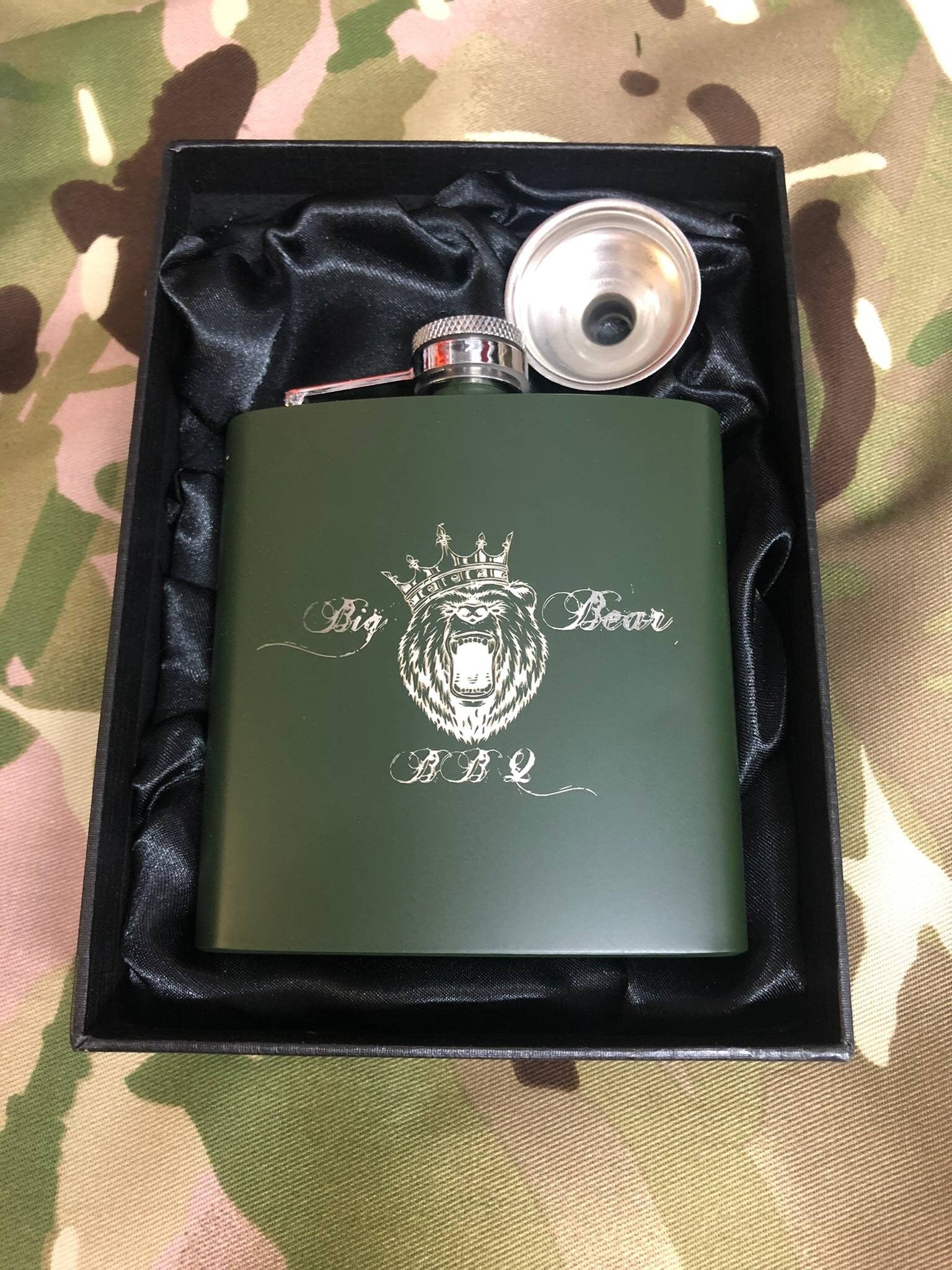 Personalised Gift Engraved / Personalised Hipflask 6oz Matte Olive Green logo & Text